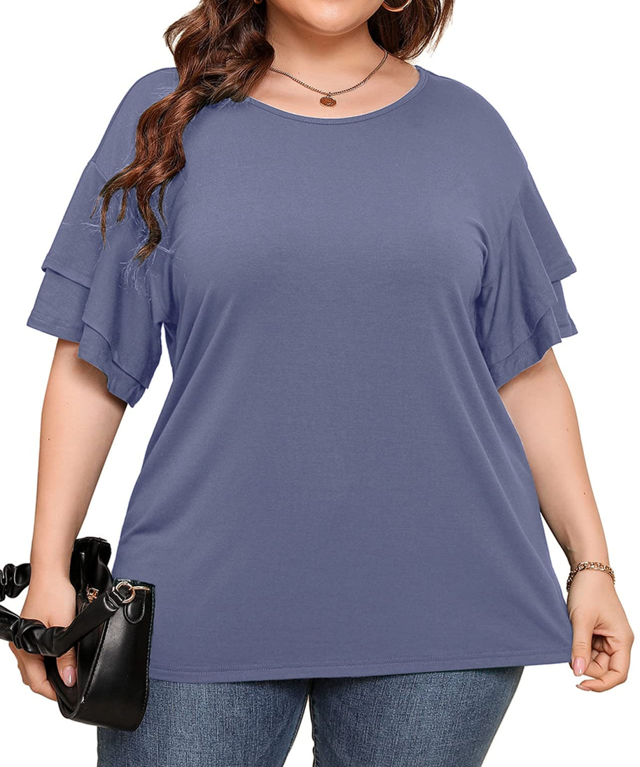 AusLook Plus Size Summer Clothes For Women Blue Grey 5X Tunic Double Ruffle Short Sleeve Blouses Crewneck Clothing Tee Ladies Clothes Flowy Dressy Casual Loose Fit Outfits Maternity Tops