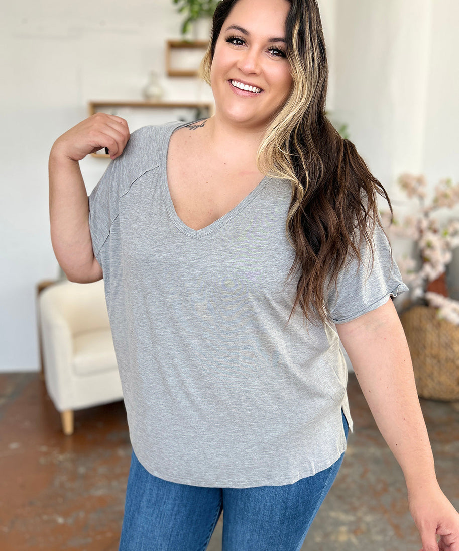 Basic Bae Full Size Bamboo Slit V-Neck Short Sleeve T-Shirt