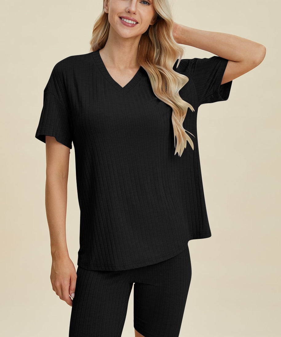 Basic Bae Full Size Ribbed V-Neck Short Sleeve Top and Shorts Set