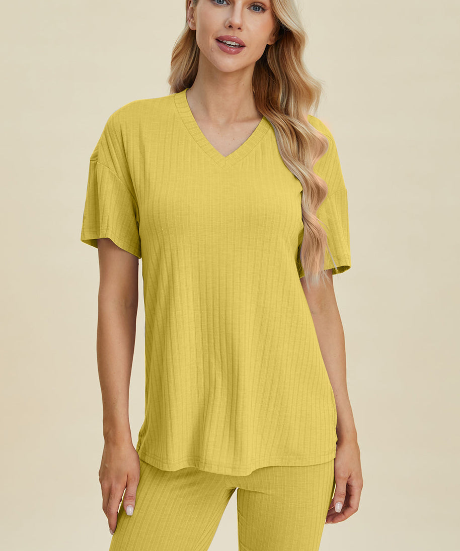 Basic Bae Full Size Ribbed V-Neck Short Sleeve Top and Shorts Set