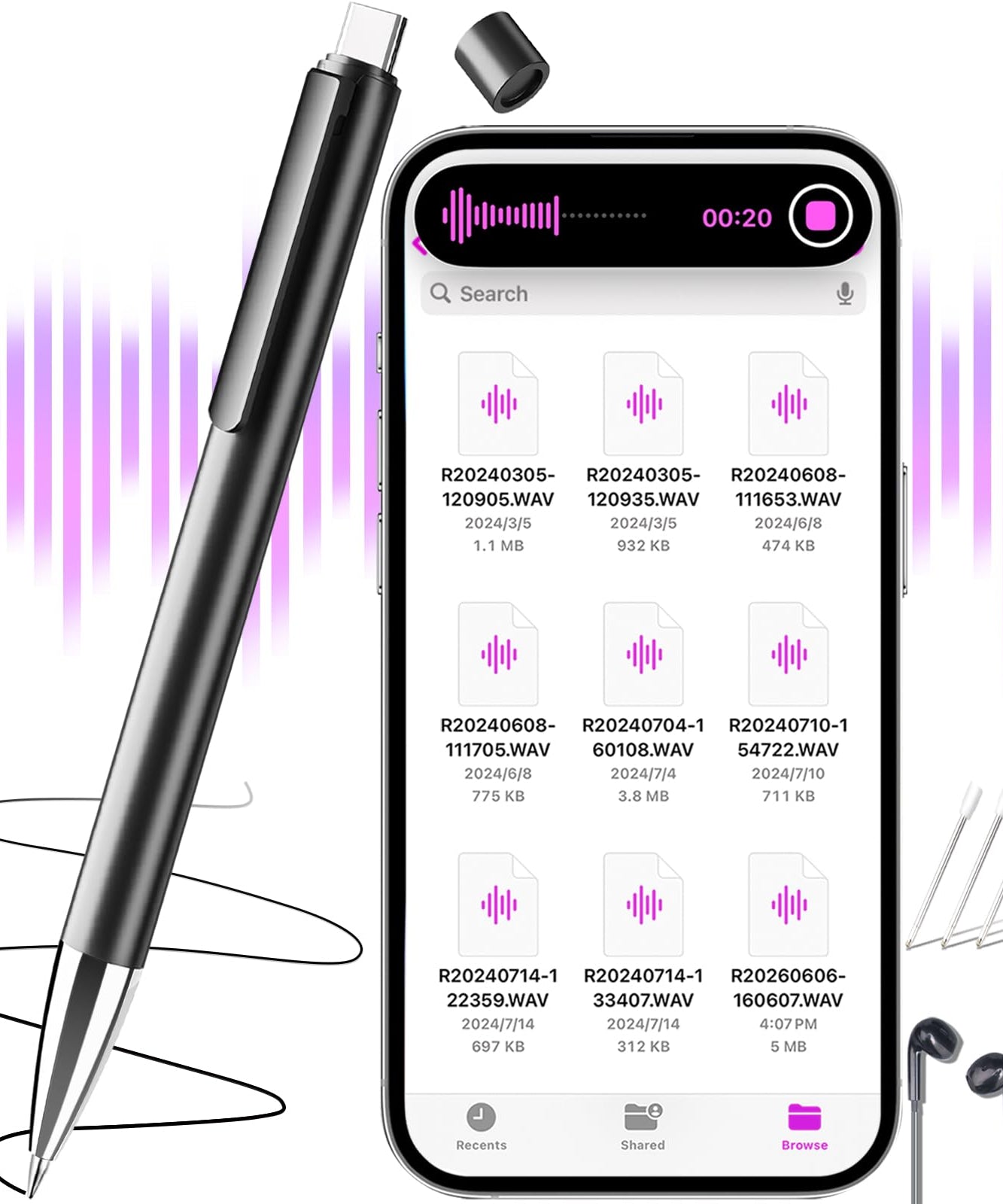 Voice Recorder 64GB(4400Hrs)Digital Voice Activated Recorder with PlaybackPortable Audio Recorder with Noice CancellingUSB-C Recording Device for Lectures Meetings Interviews