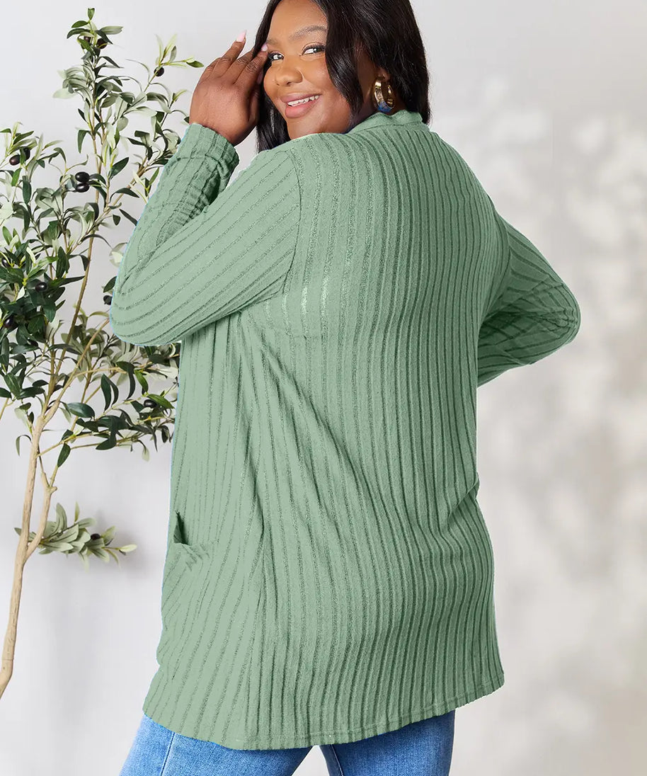 Basic Bae Full Size Ribbed Open Front Cardigan with Pockets