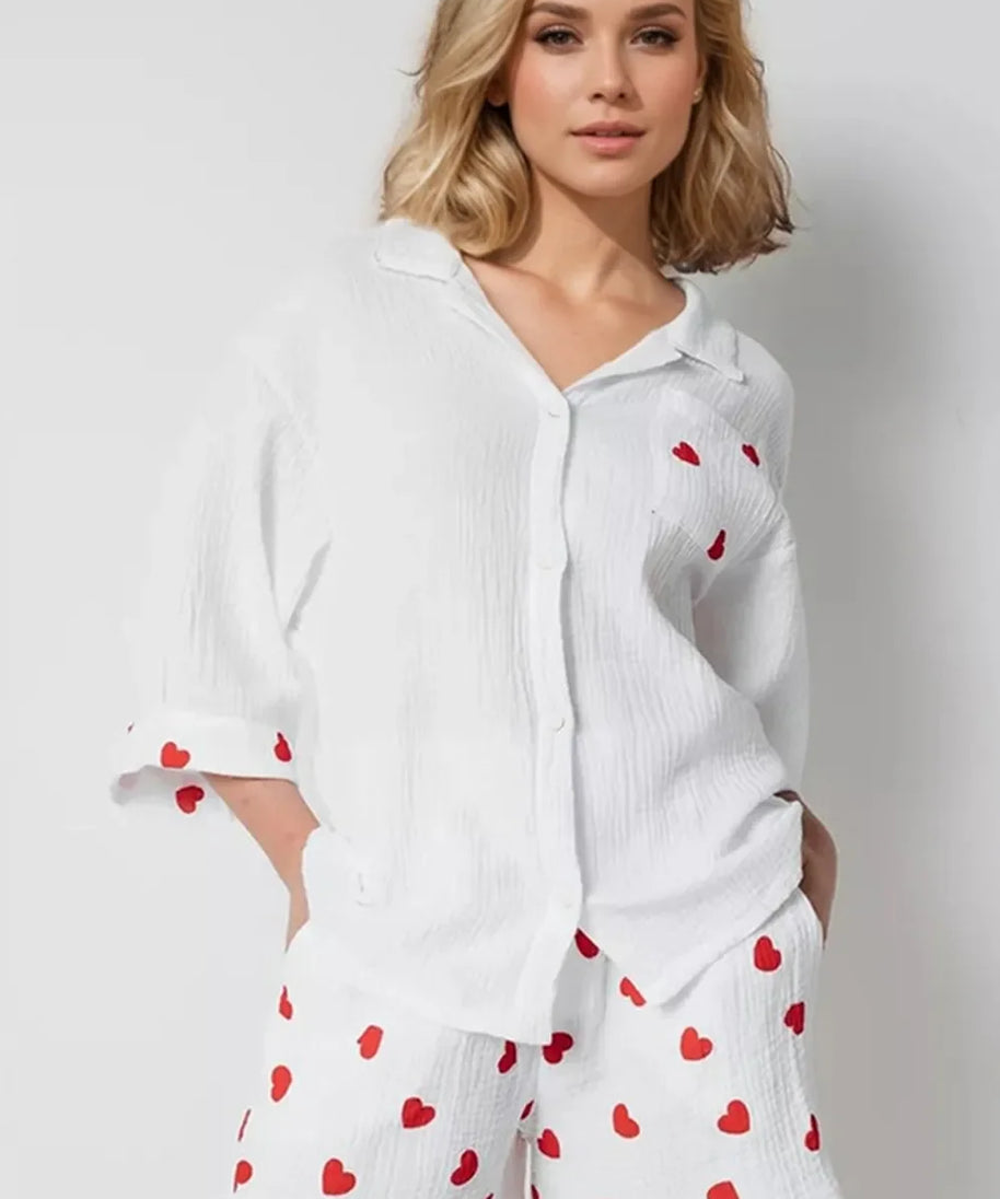 Basic Bae Heart Collared Neck Button Down Top and Shorts Set