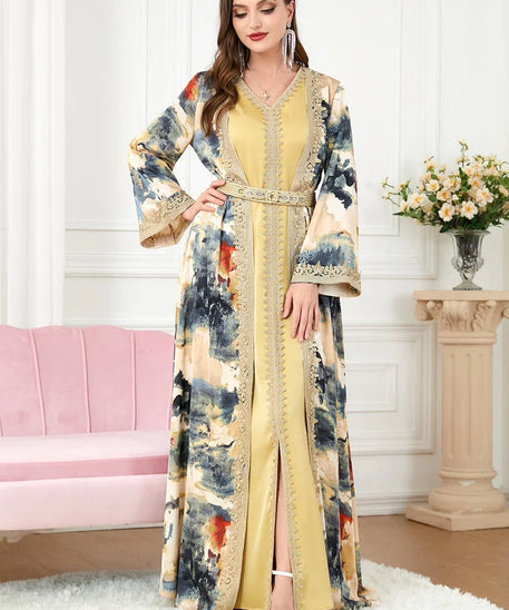 Morocco Muslim Abaya Dress 2 Piece Set with Embroidery