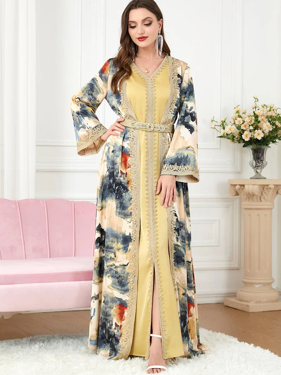 Morocco Muslim Abaya Dress 2 Piece Set with Embroidery