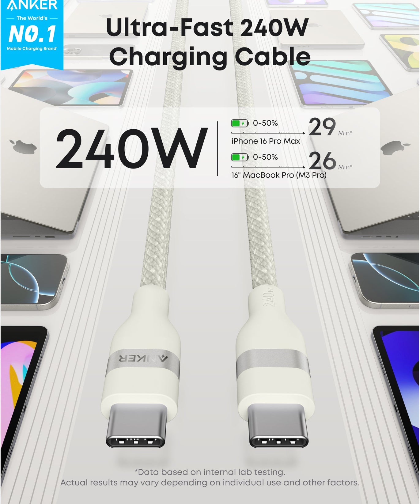 Anker USB-C to USB-C Cable (3 ft / 6 ft, 240W, Upcycled-Braided)