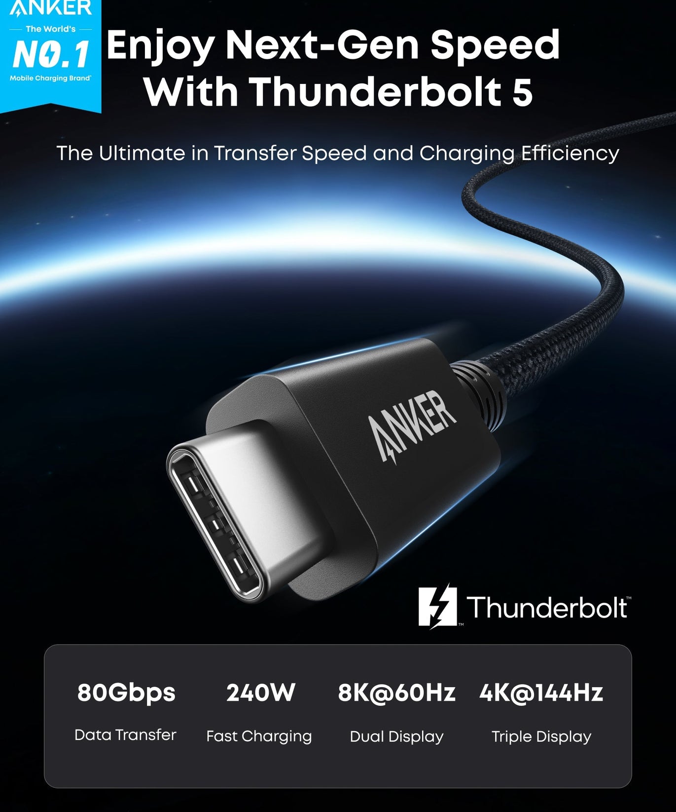Anker Prime Thunderbolt 5 Cable (3.3 ft / 1.7 ft, 80 Gbps, 240W)