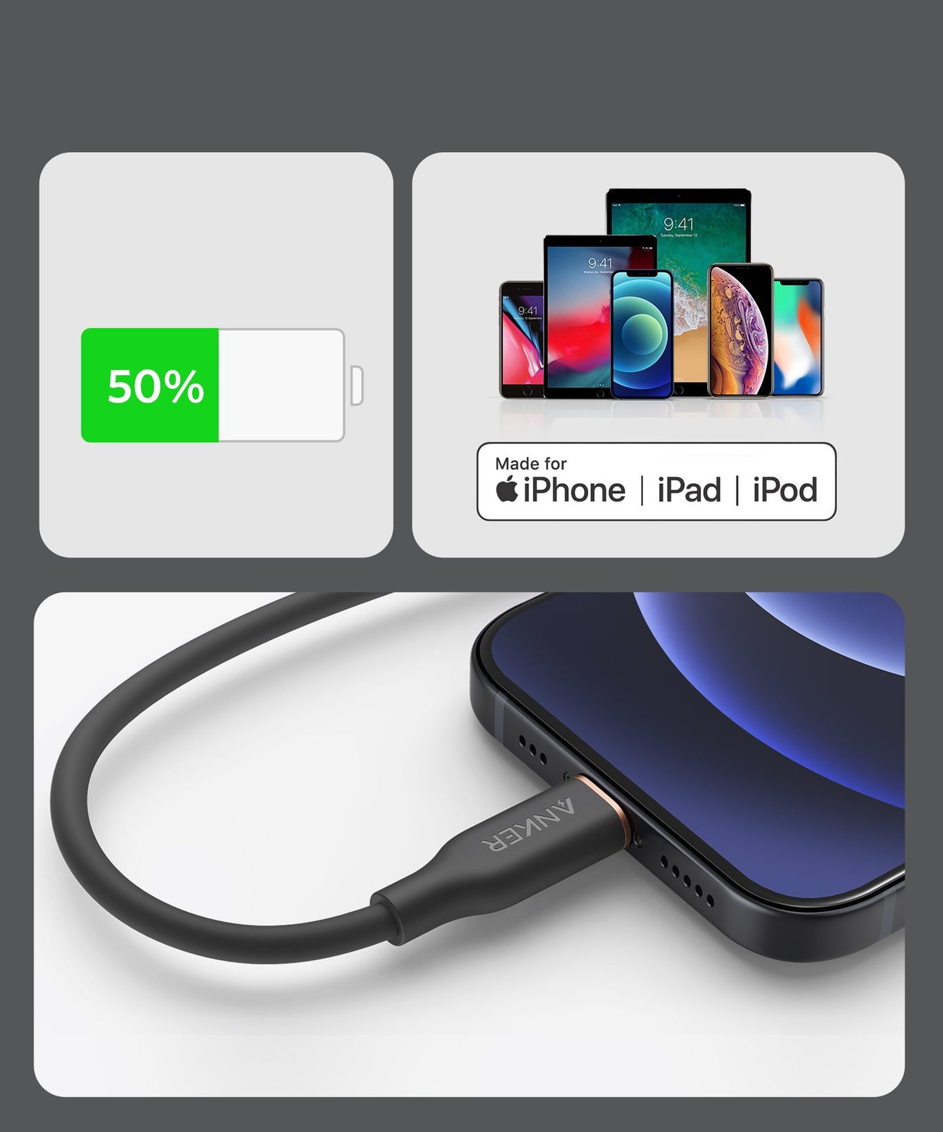 Anker <b>641</b> USB-C to Lightning Cable (Flow, 3 ft Silicone)