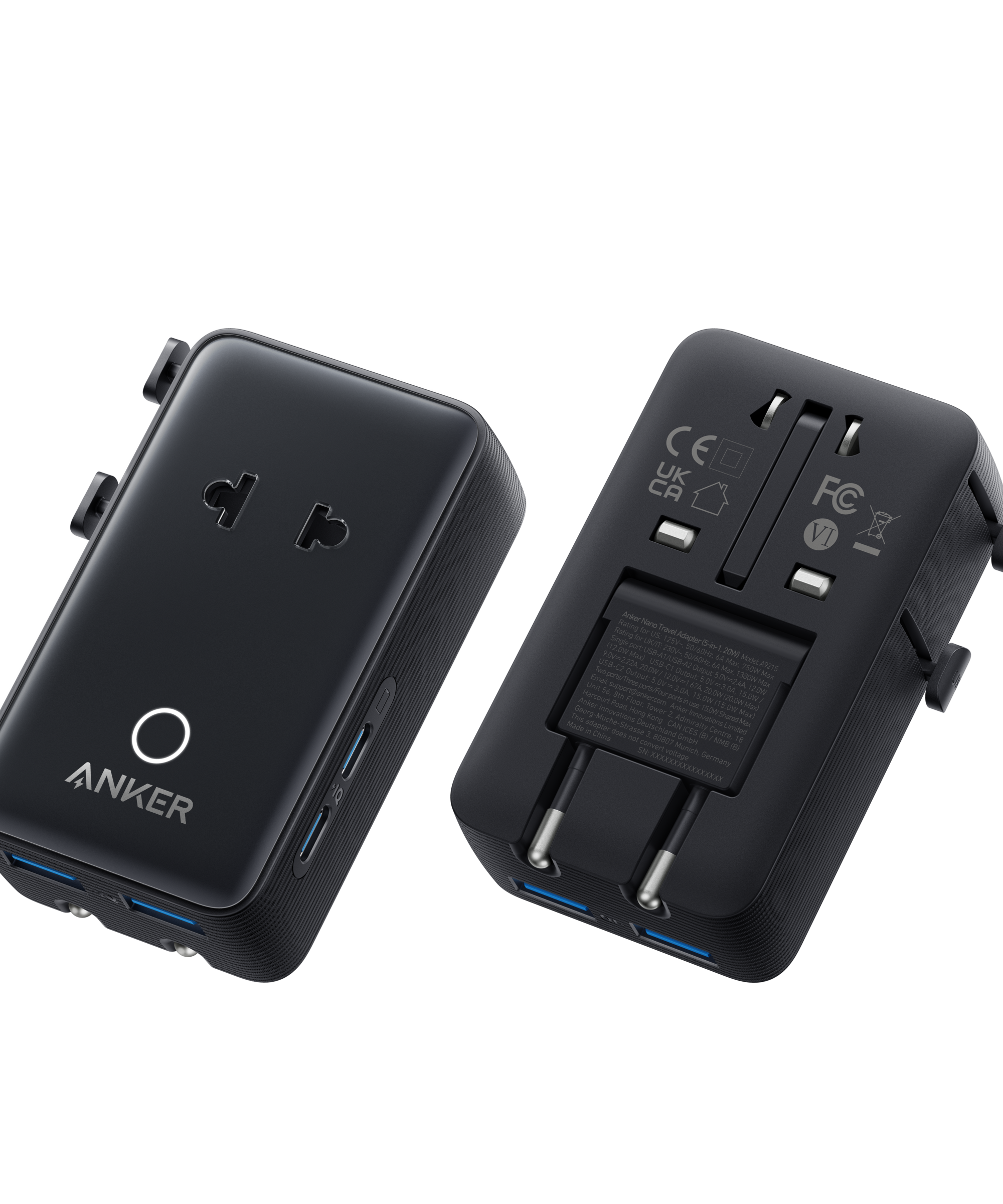 Anker Nano Travel Adapter (5-in-1, 20W, 1-Pack)