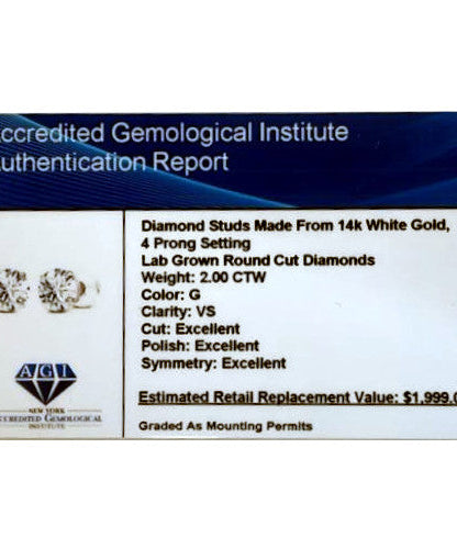 2.00 CTW AGI Certified Lab-Grown Diamond Stud Earrings  | G/VS | USA Handcrafted Fine Jewelry