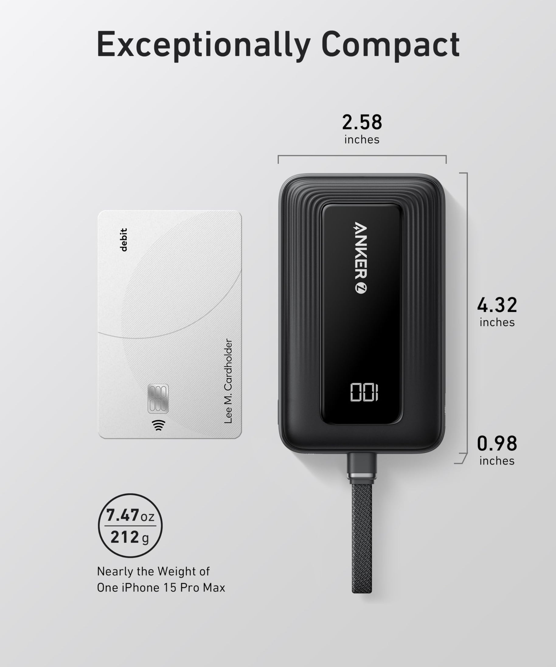Anker Zolo Power Bank (10K, 30W) with a 5.4-inch (13.7 cm) built-in USB-C cable.