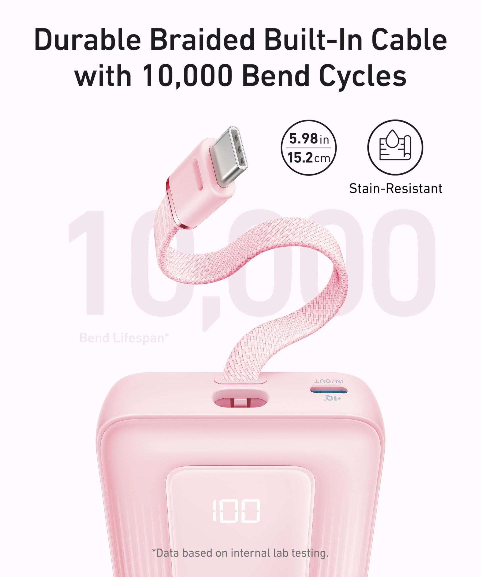 Anker Zolo Power Bank (10K, 30W) with a 5.4-inch (13.7 cm) built-in USB-C cable.