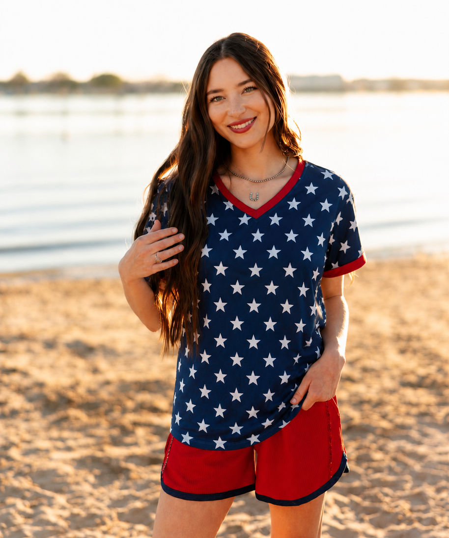 Blue and White Stars V-Neck Top