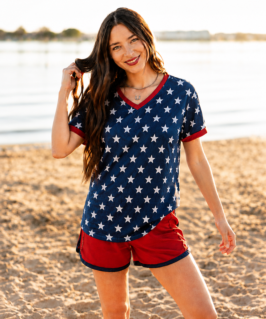 Blue and White Stars V-Neck Top