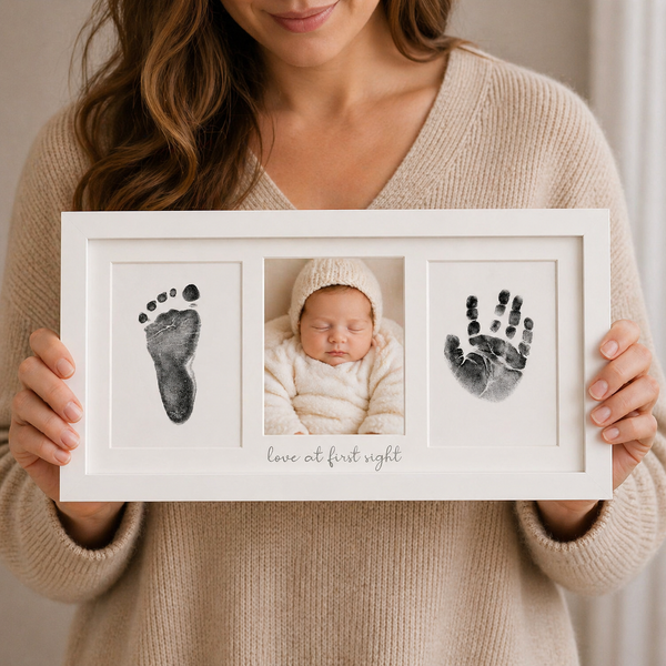 Baby Handprint & Footprint Keepsake Frame – 3-Panel White Wood with Photo Opening & Ink Pad Kit