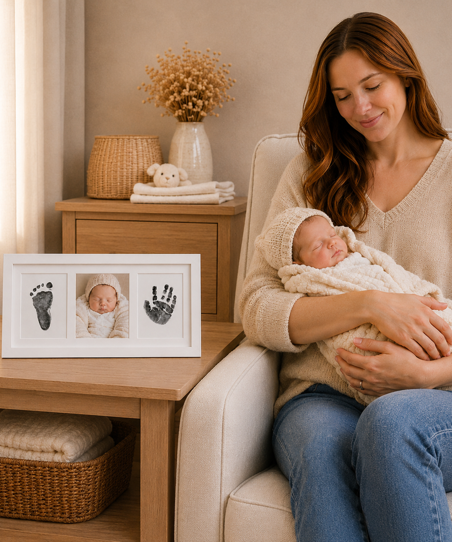 Baby Handprint & Footprint Keepsake Frame – 3-Panel White Wood with Photo Opening & Ink Pad Kit