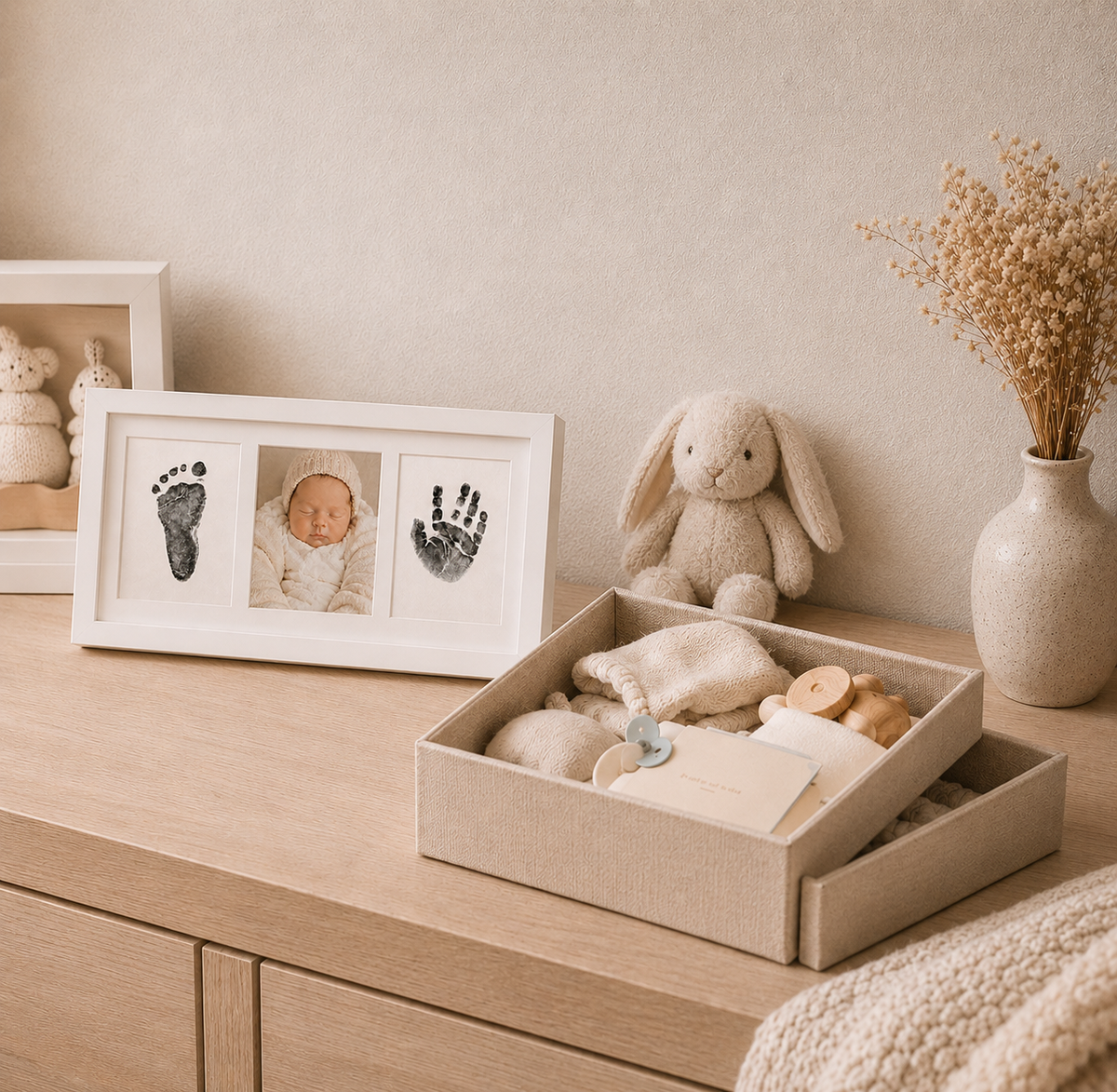 Baby Handprint & Footprint Keepsake Frame – 3-Panel White Wood with Photo Opening & Ink Pad Kit