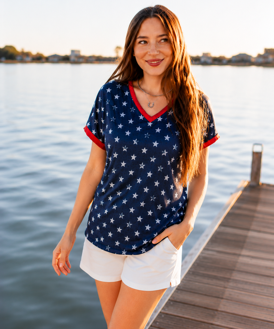 Blue and White Stars V-Neck Top