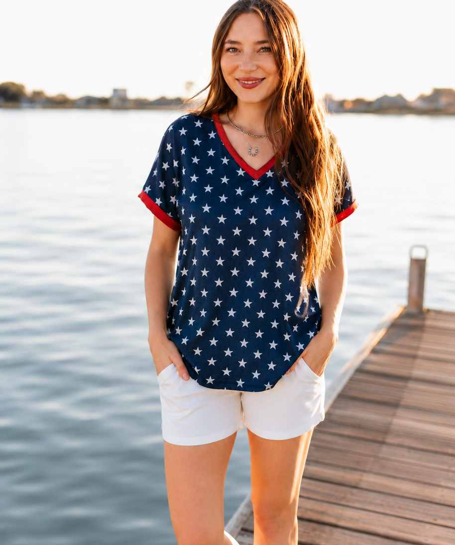 Blue and White Stars V-Neck Top