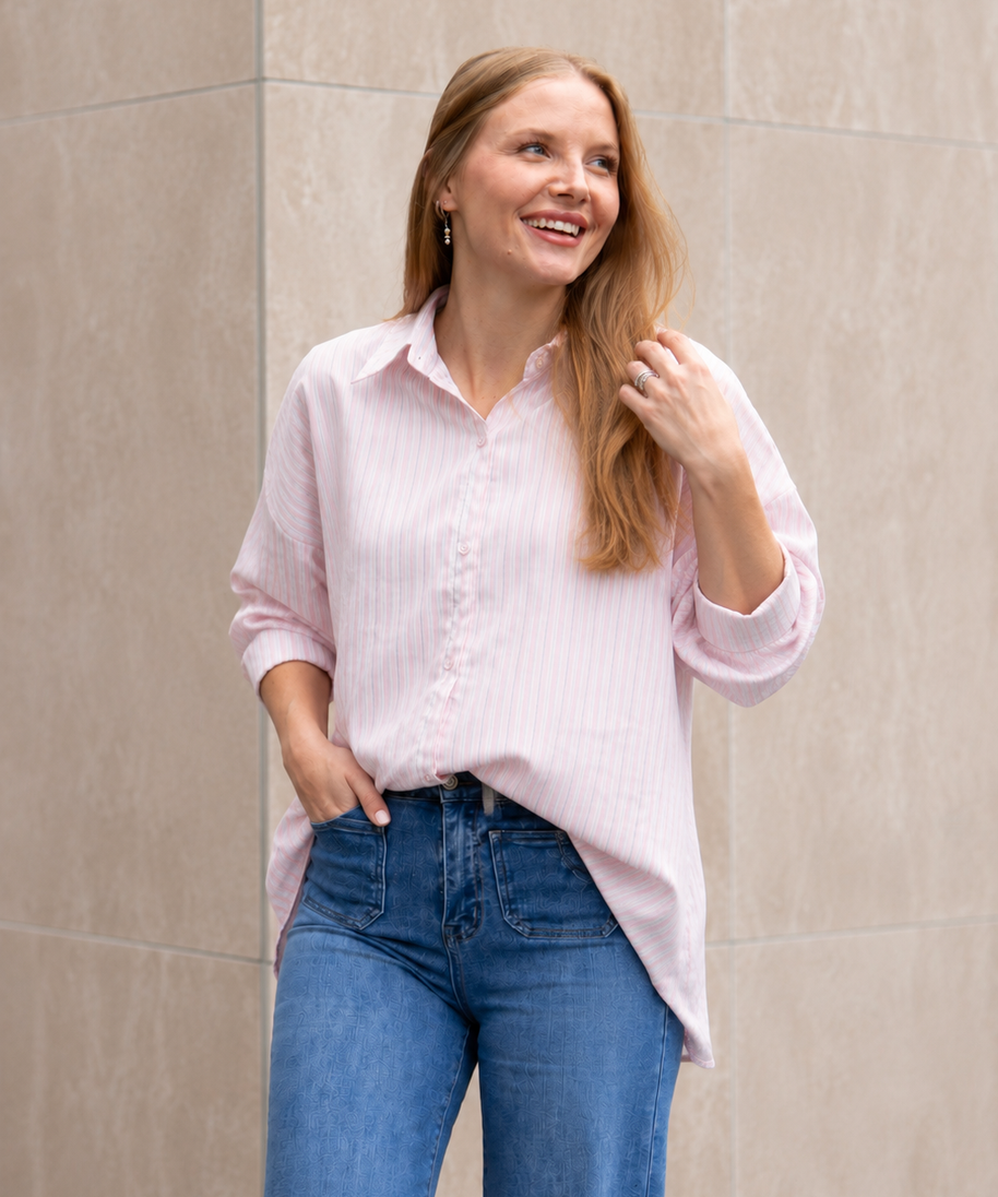 Kathryn Classic Button-Up Shirt for Women – Striped, Relaxed Fit, Pink