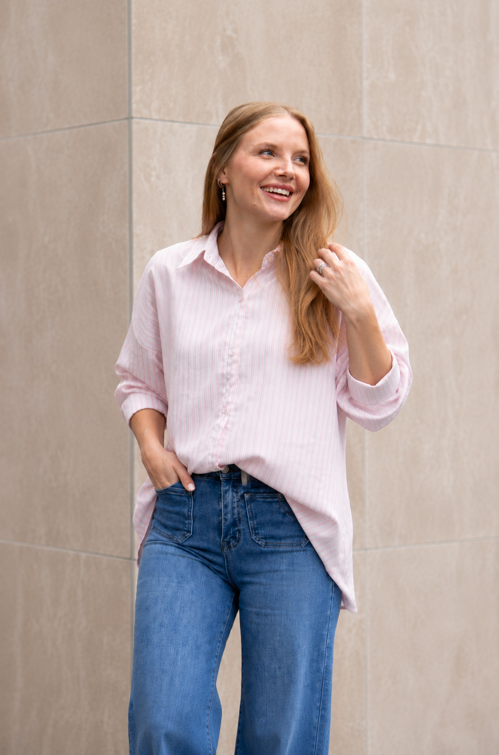 Kathryn Classic Button-Up Shirt for Women – Striped, Relaxed Fit, Pink