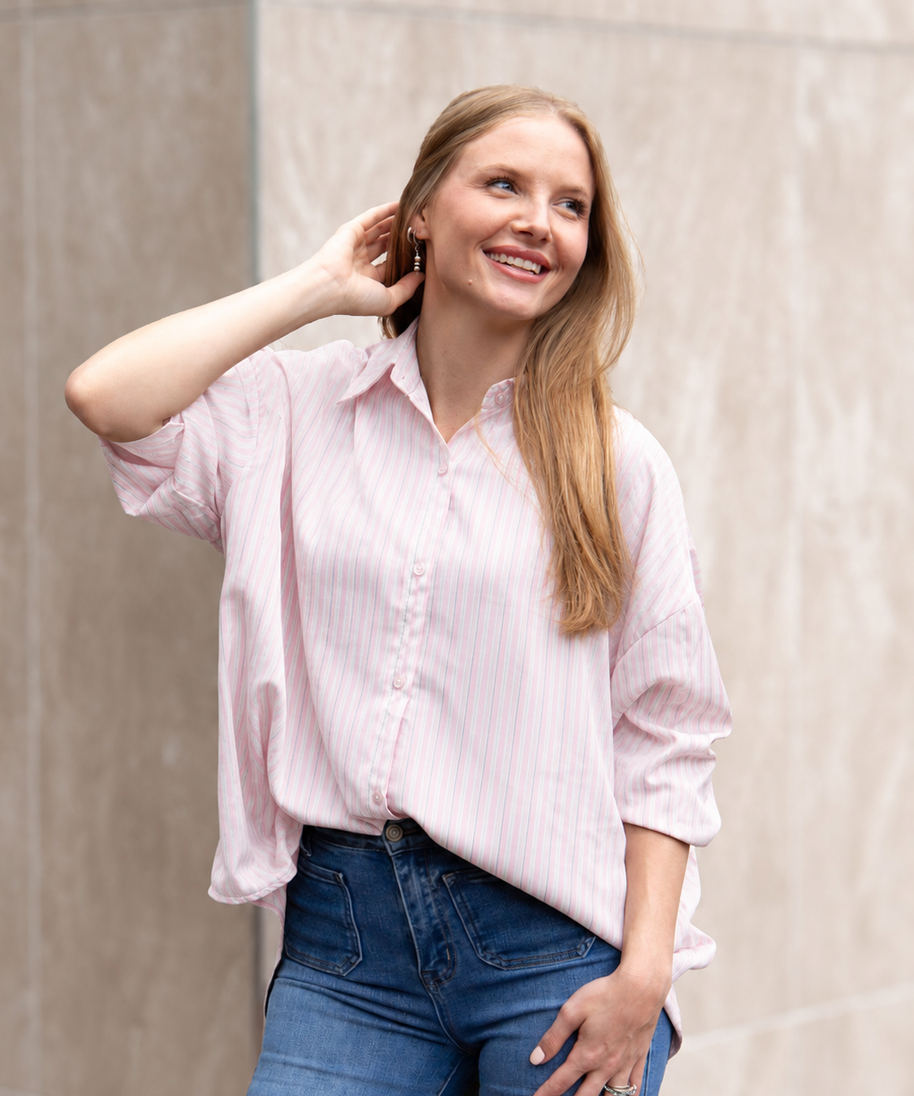 Kathryn Classic Button-Up Shirt for Women – Striped, Relaxed Fit, Pink