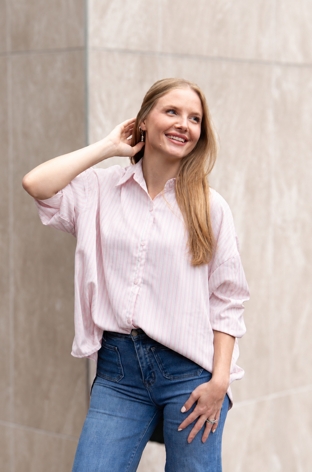 Kathryn Classic Button-Up Shirt for Women – Striped, Relaxed Fit, Pink