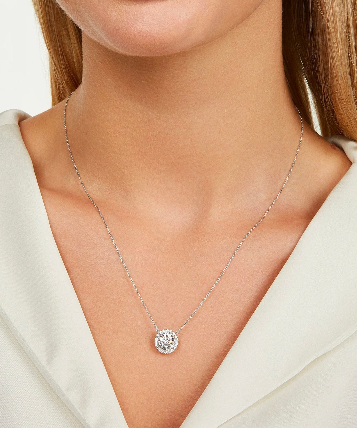 1.50 CTW AGI Certified Lab-Grown Diamond Halo Pendant Necklace in 14kt White Gold