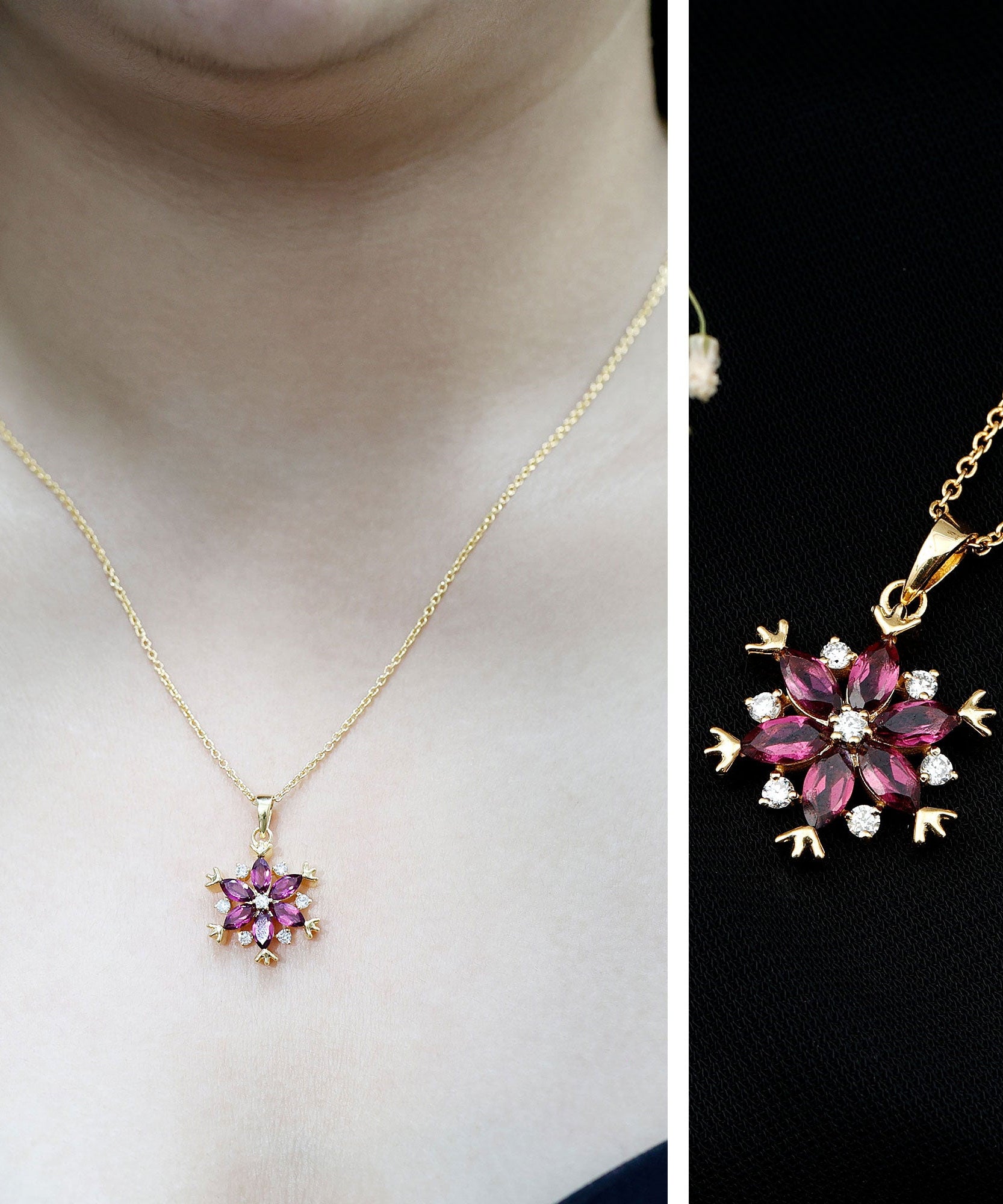 Rhodolite Garnet Flower Necklace in Gold Plated Silver