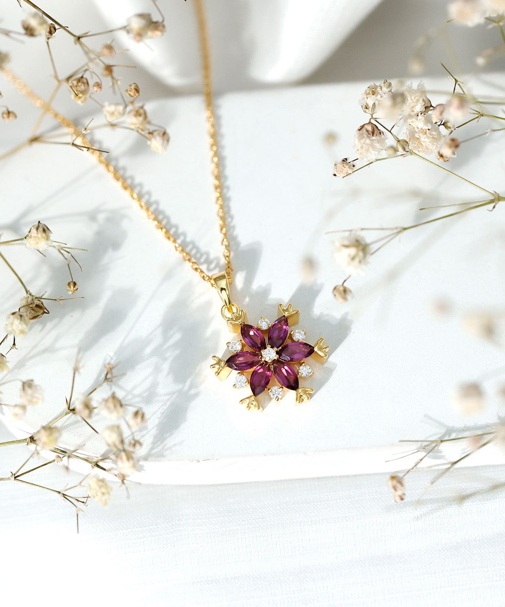 Rhodolite Garnet Flower Necklace in Gold Plated Silver