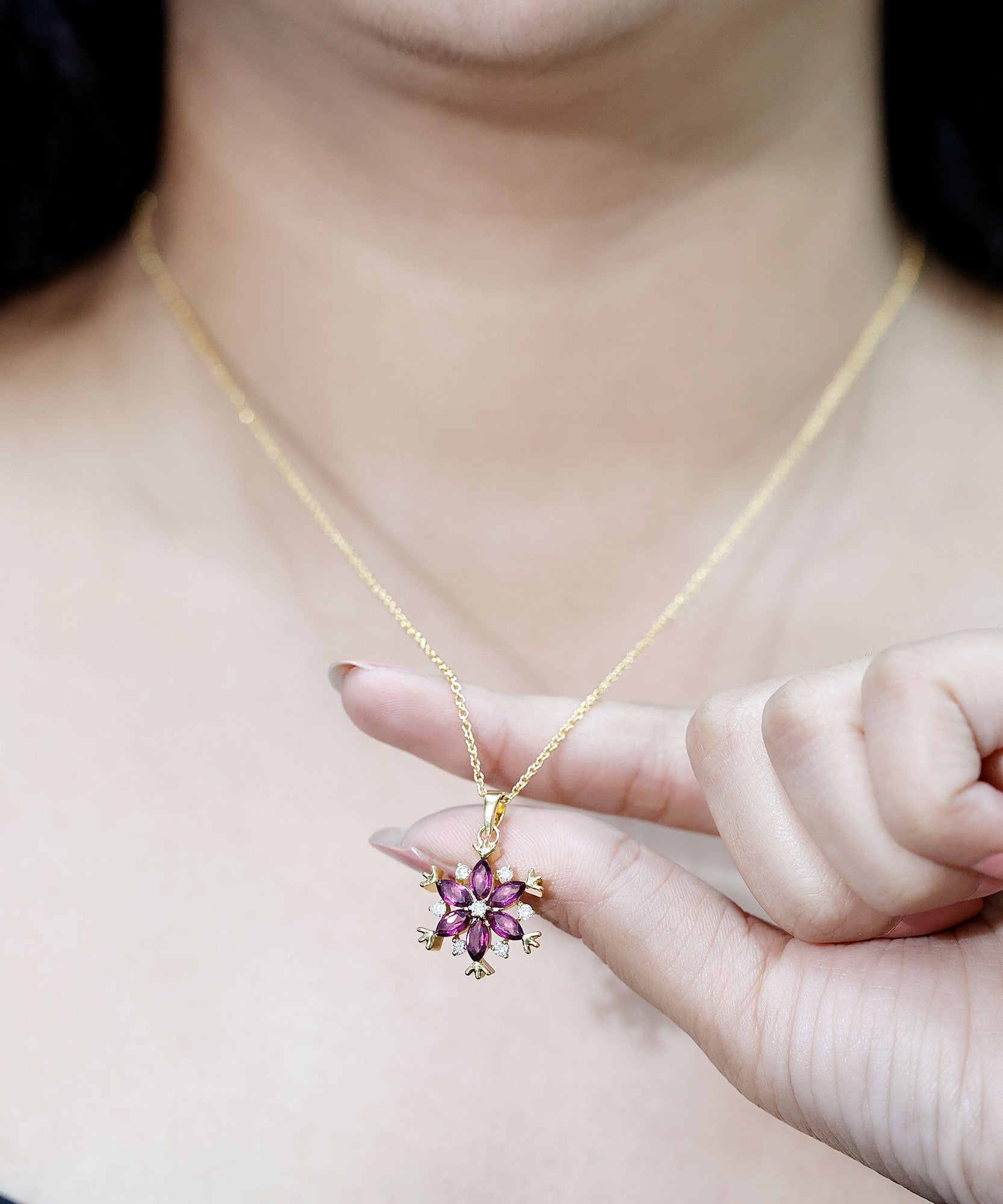 Rhodolite Garnet Flower Necklace in Gold Plated Silver