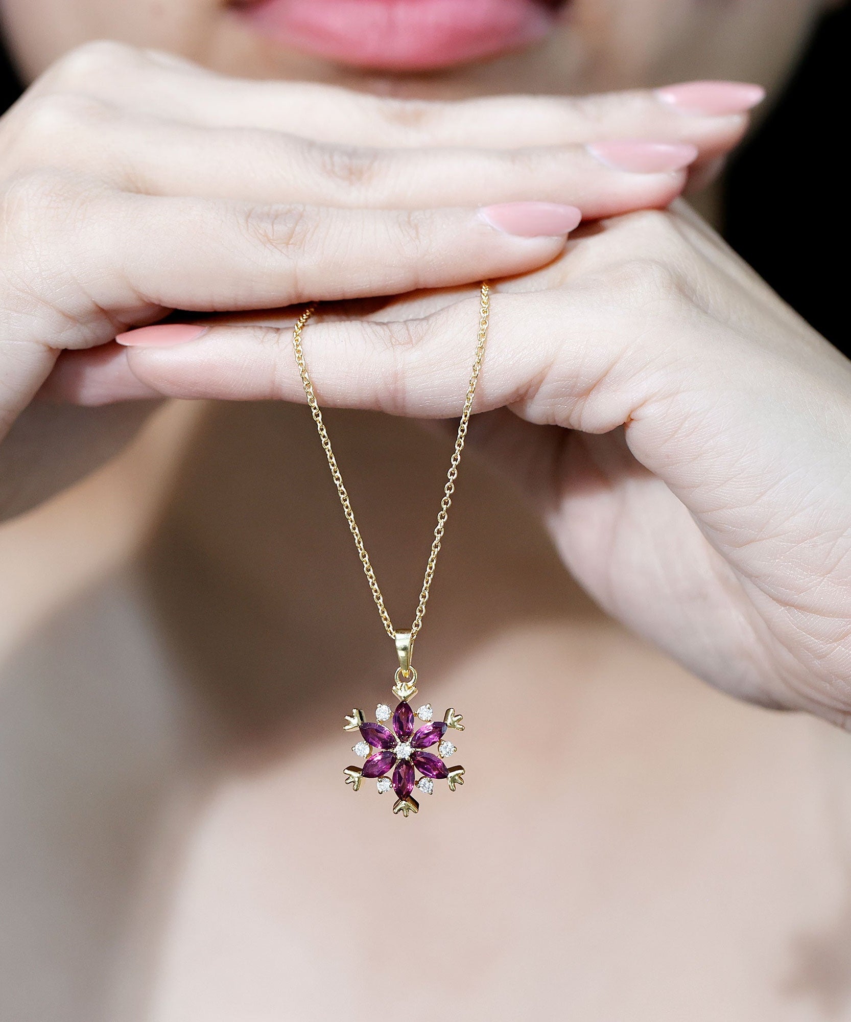 Rhodolite Garnet Flower Necklace in Gold Plated Silver