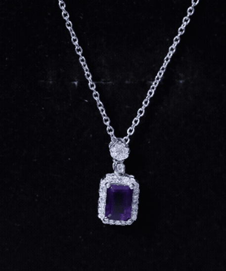 Genuine 1.1 Carat Emerald Cut Amethyst Vintage Necklace with Diamond Halo
