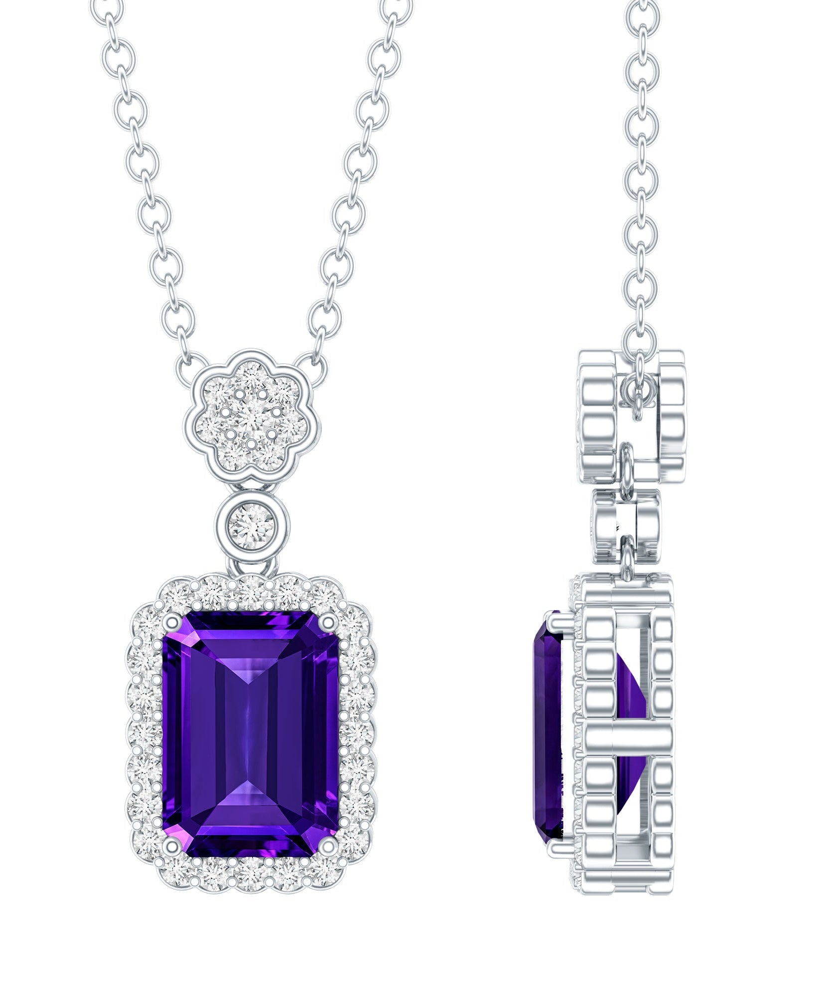 Genuine 1.1 Carat Emerald Cut Amethyst Vintage Necklace with Diamond Halo