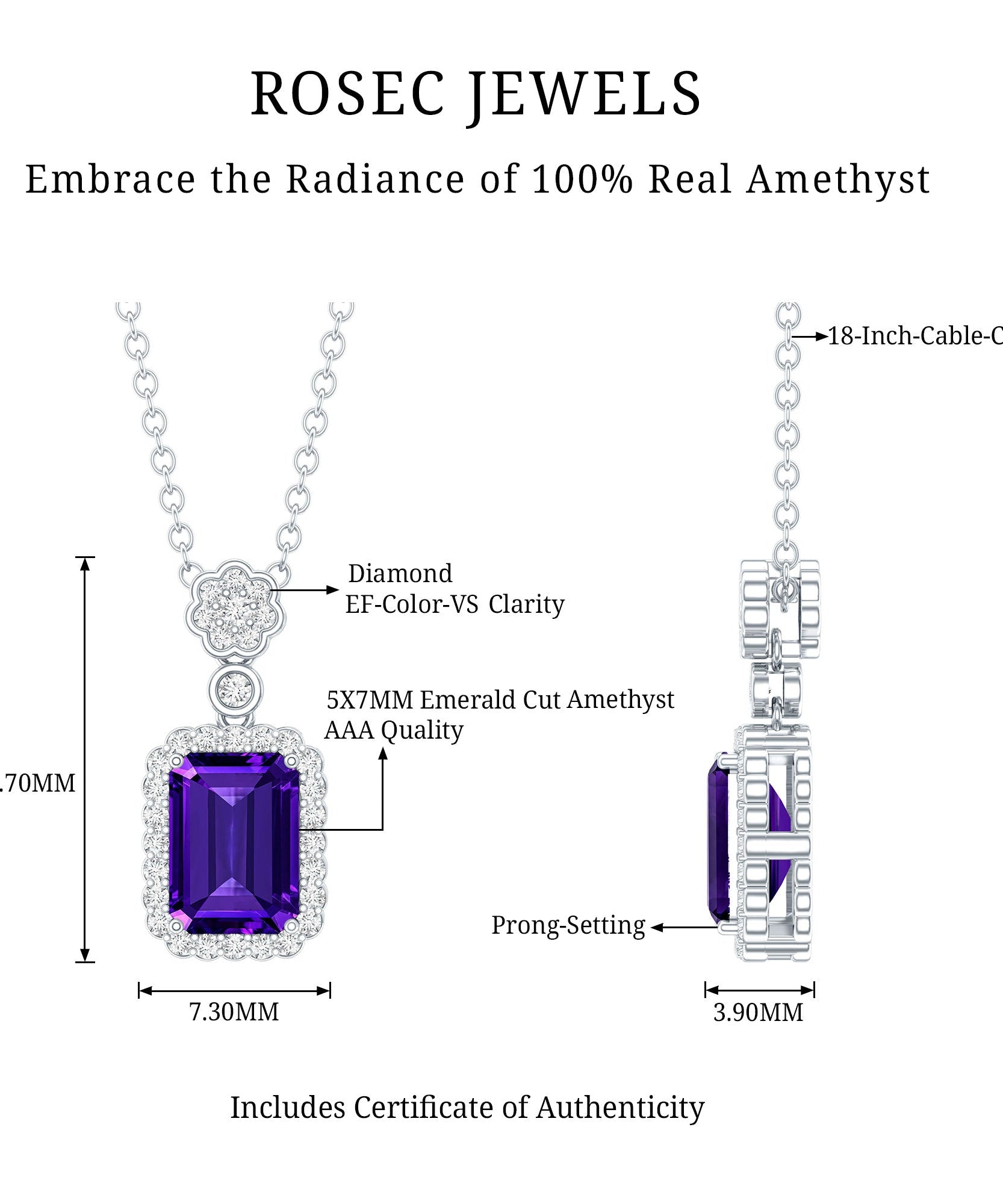 Genuine 1.1 Carat Emerald Cut Amethyst Vintage Necklace with Diamond Halo