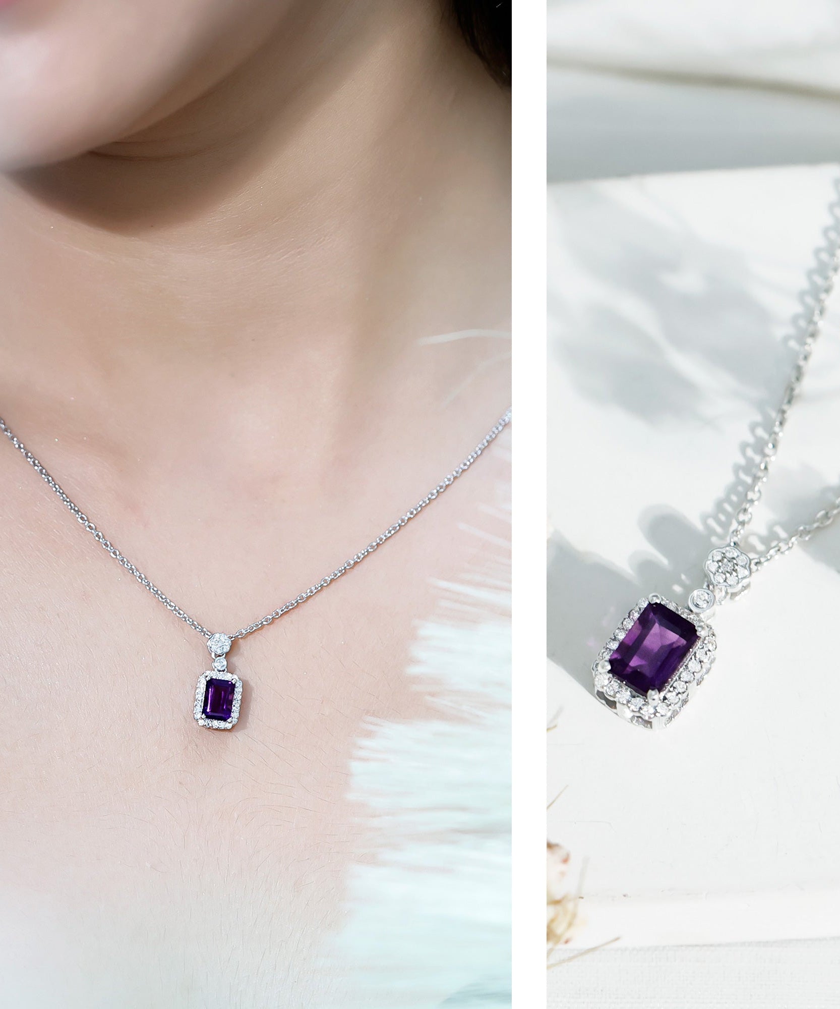 Genuine 1.1 Carat Emerald Cut Amethyst Vintage Necklace with Diamond Halo