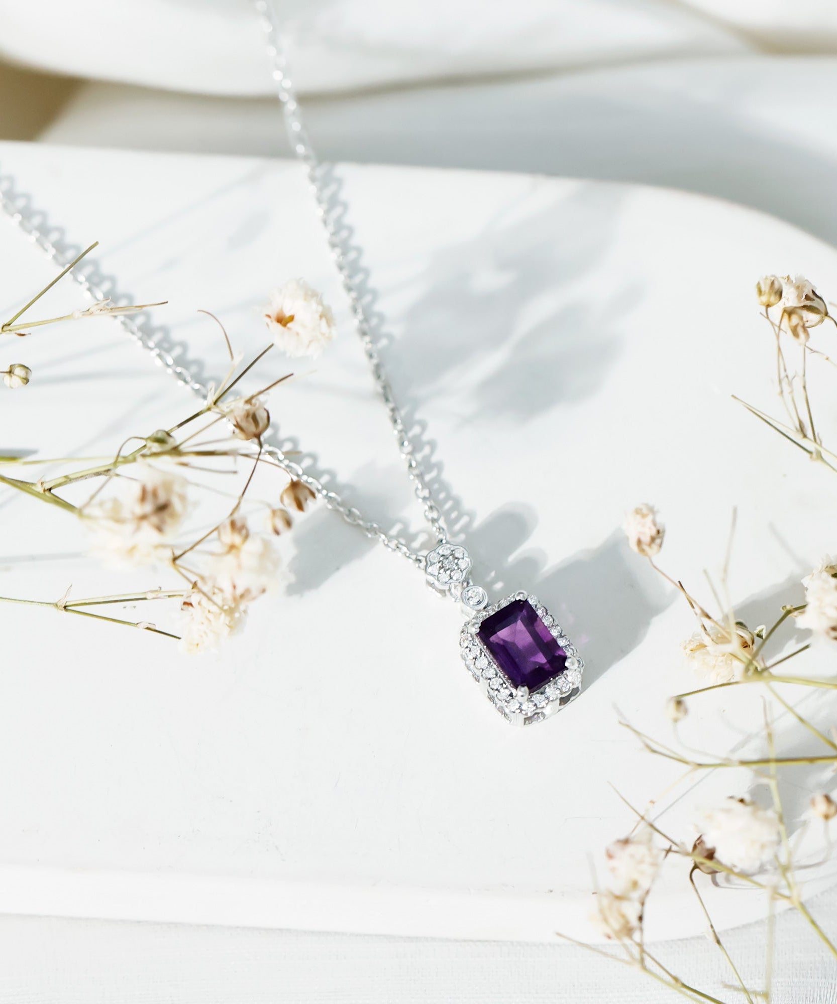 Genuine 1.1 Carat Emerald Cut Amethyst Vintage Necklace with Diamond Halo