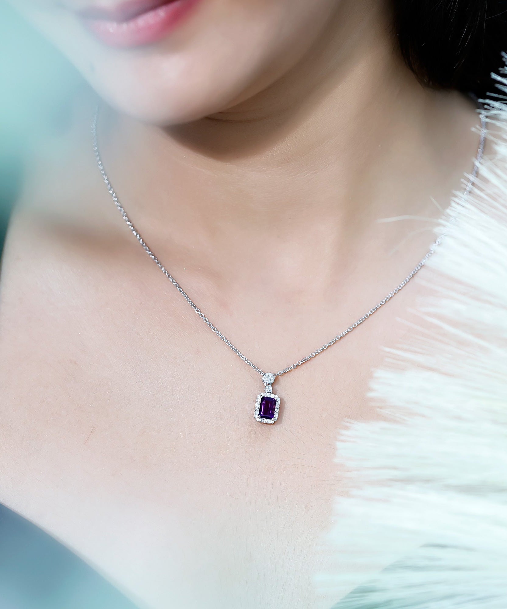 Genuine 1.1 Carat Emerald Cut Amethyst Vintage Necklace with Diamond Halo