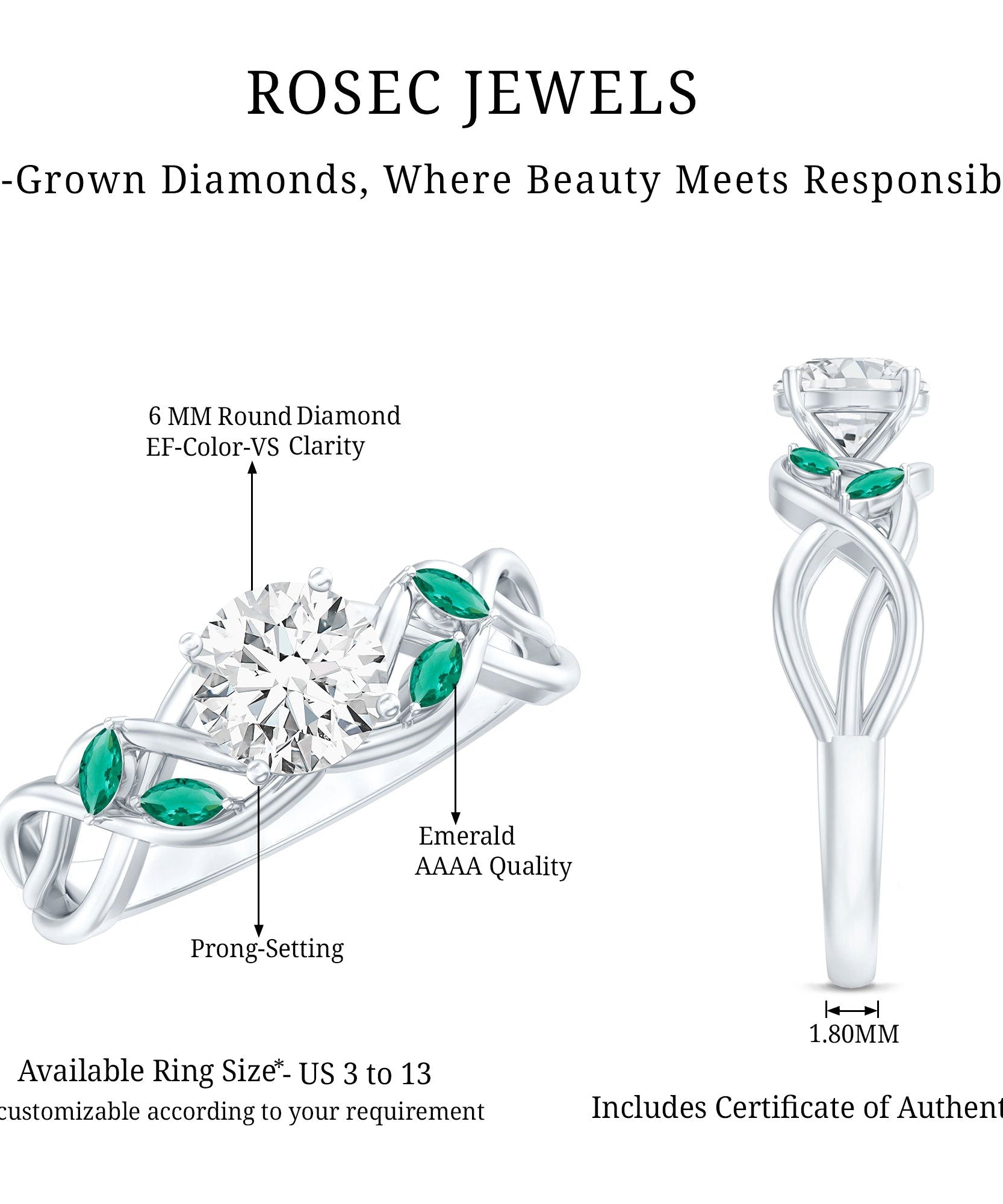 Lab Grown Diamond Engagement Ring With Emerald