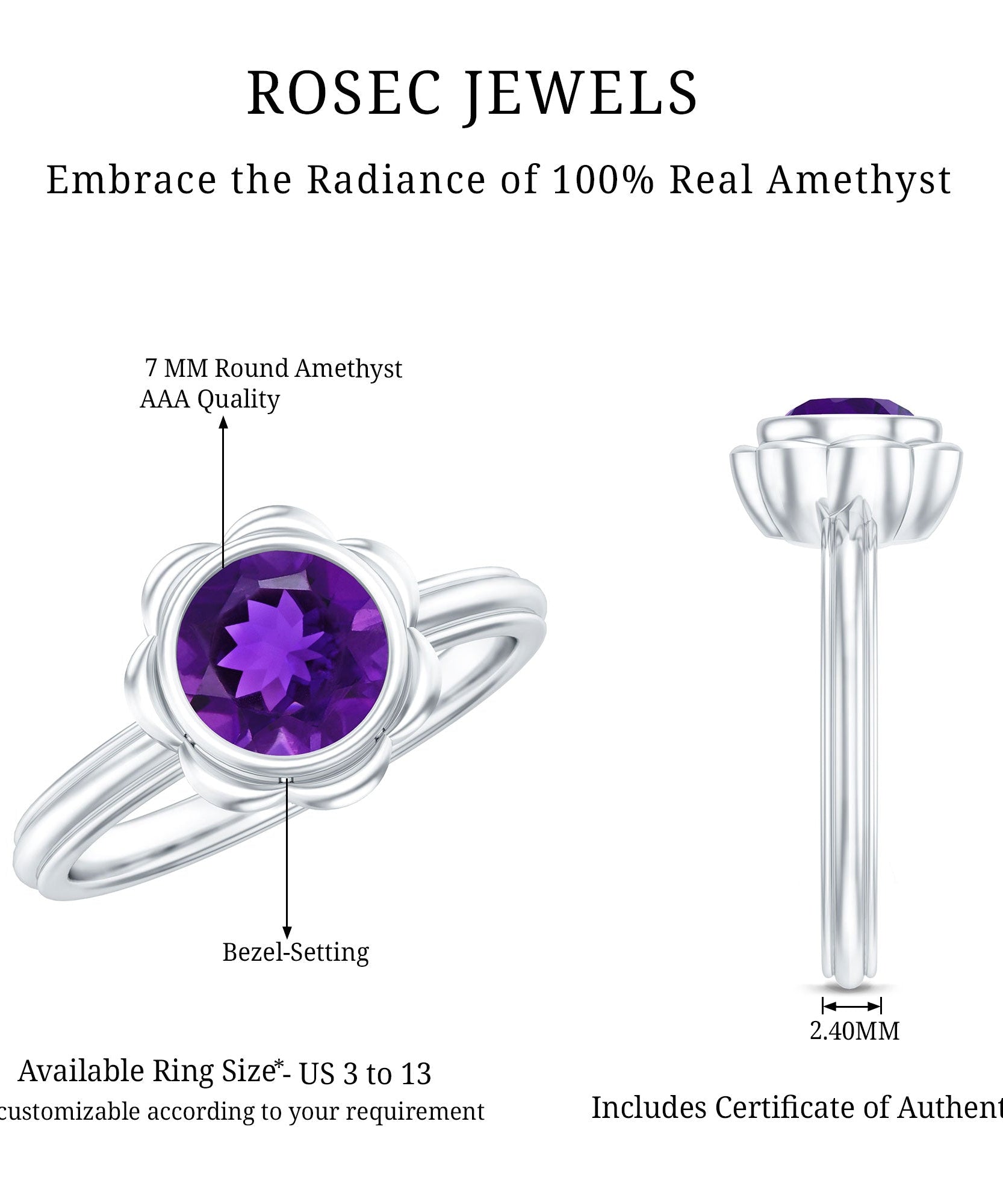 1.2 Carat Amethyst Engagement Ring in Bezel Setting