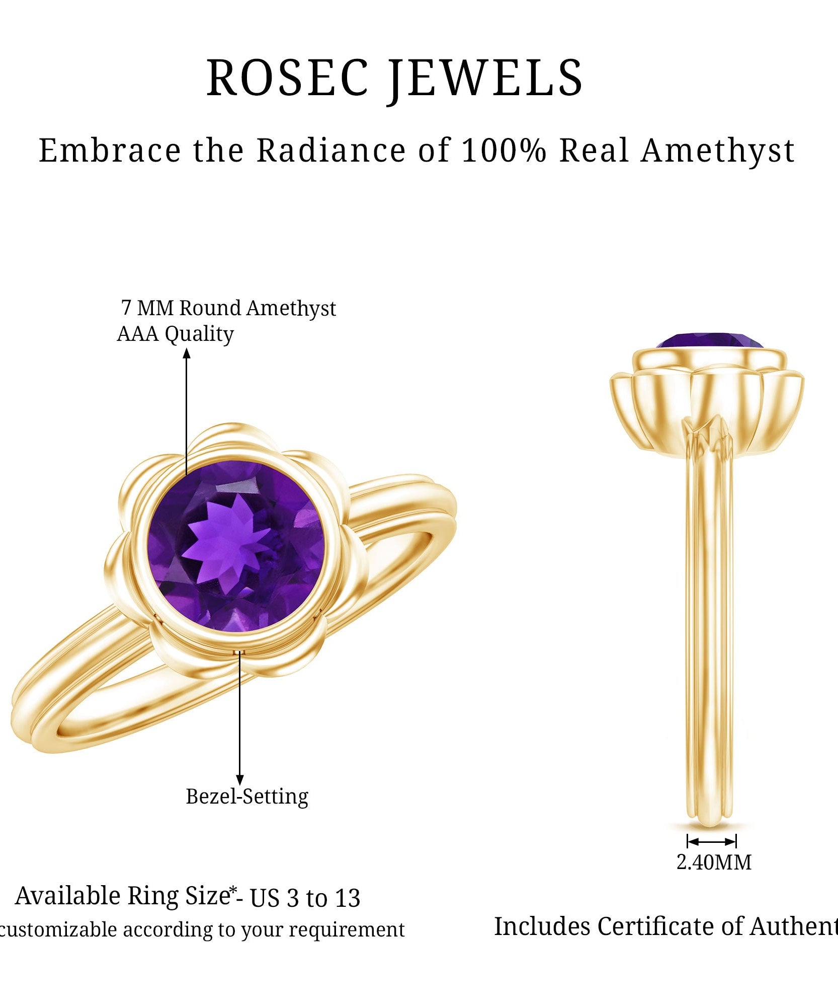 1.2 Carat Amethyst Engagement Ring in Bezel Setting