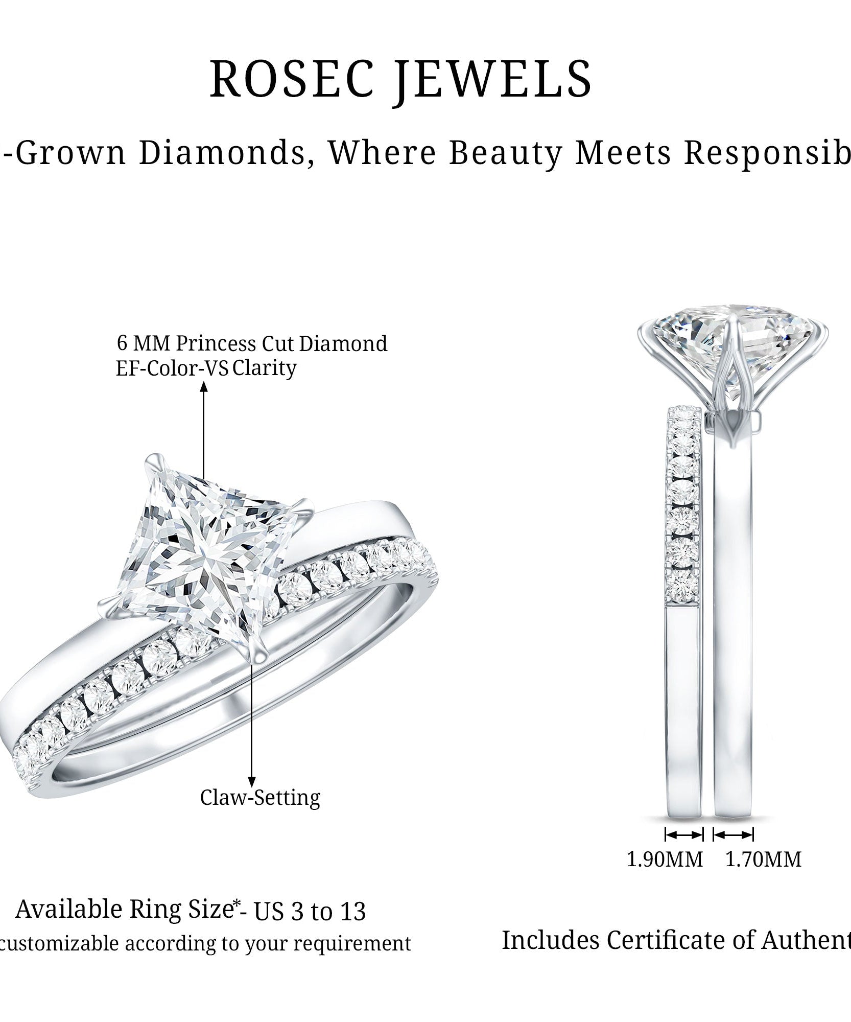 Princess Cut Lab Grown Diamond Ring With Wedding Band