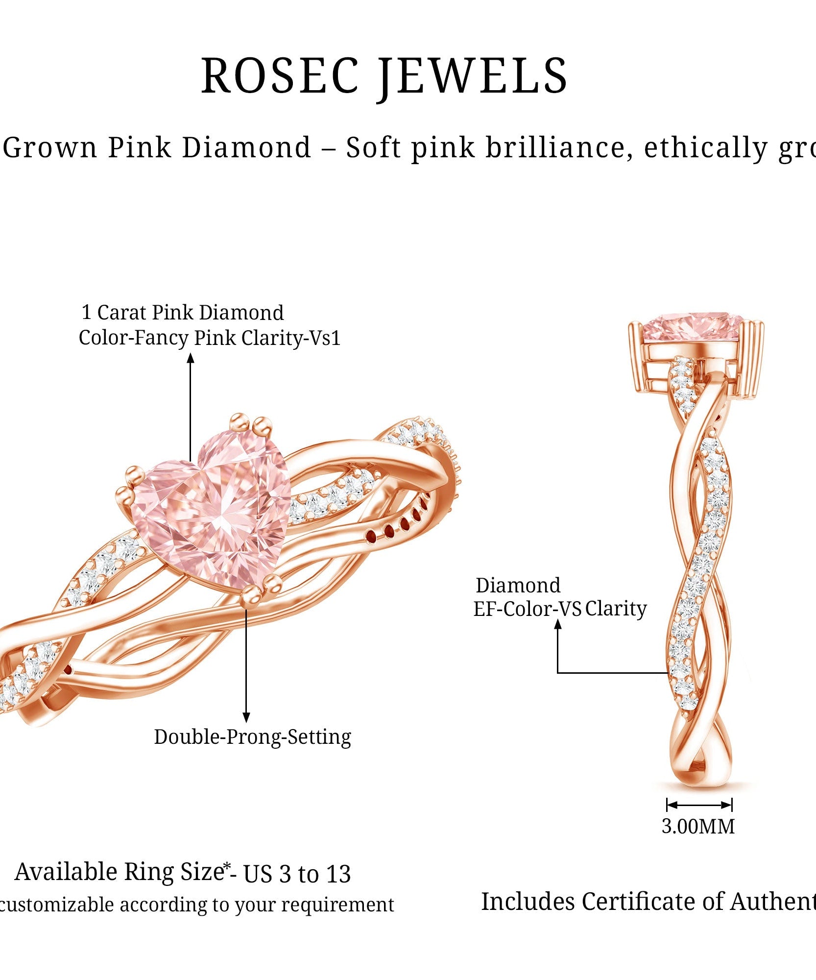 1 CT IGI Certified Lab Grown Pink Diamond Heart Engagement Ring with Crossover Shank