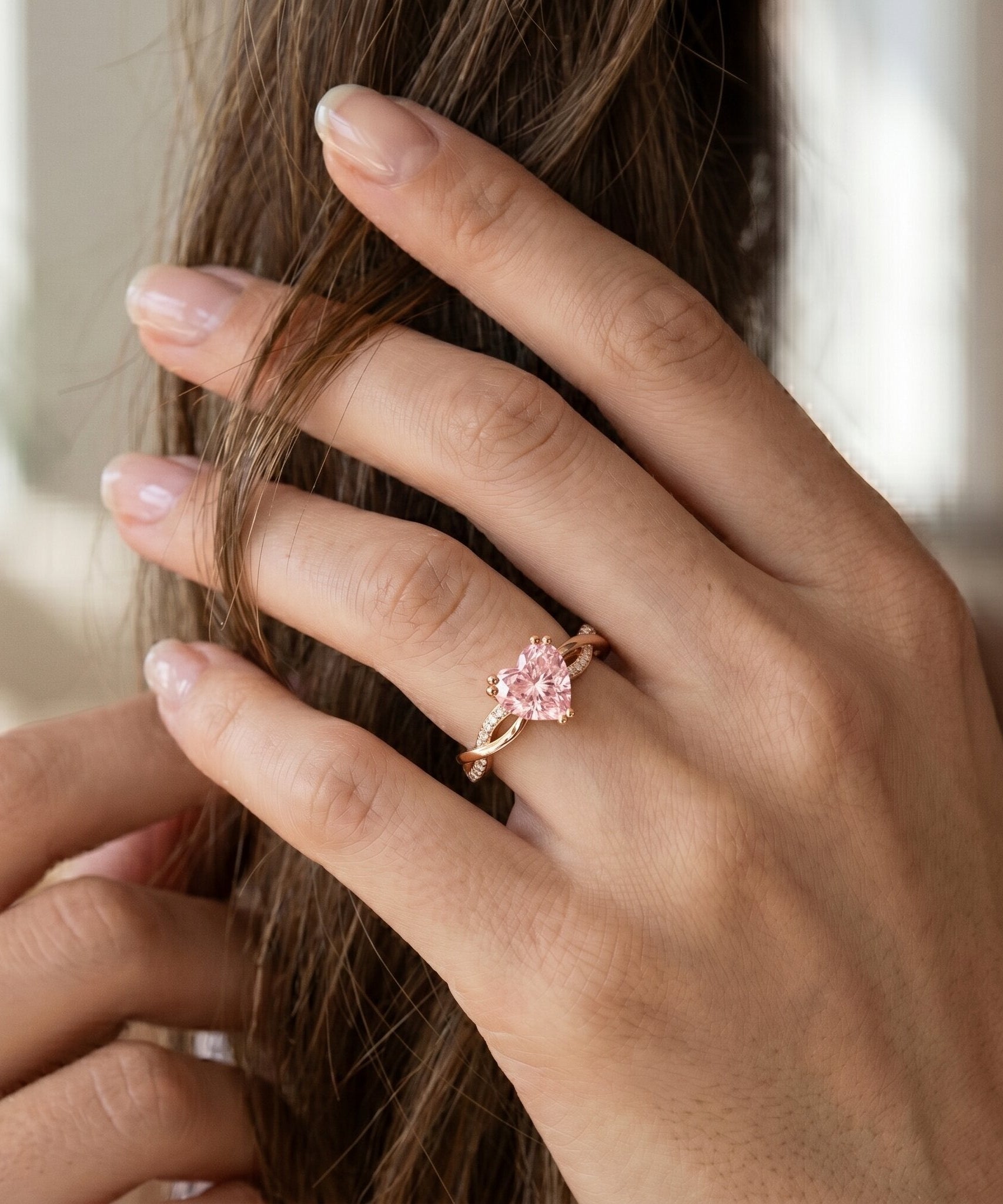 1 CT IGI Certified Lab Grown Pink Diamond Heart Engagement Ring with Crossover Shank