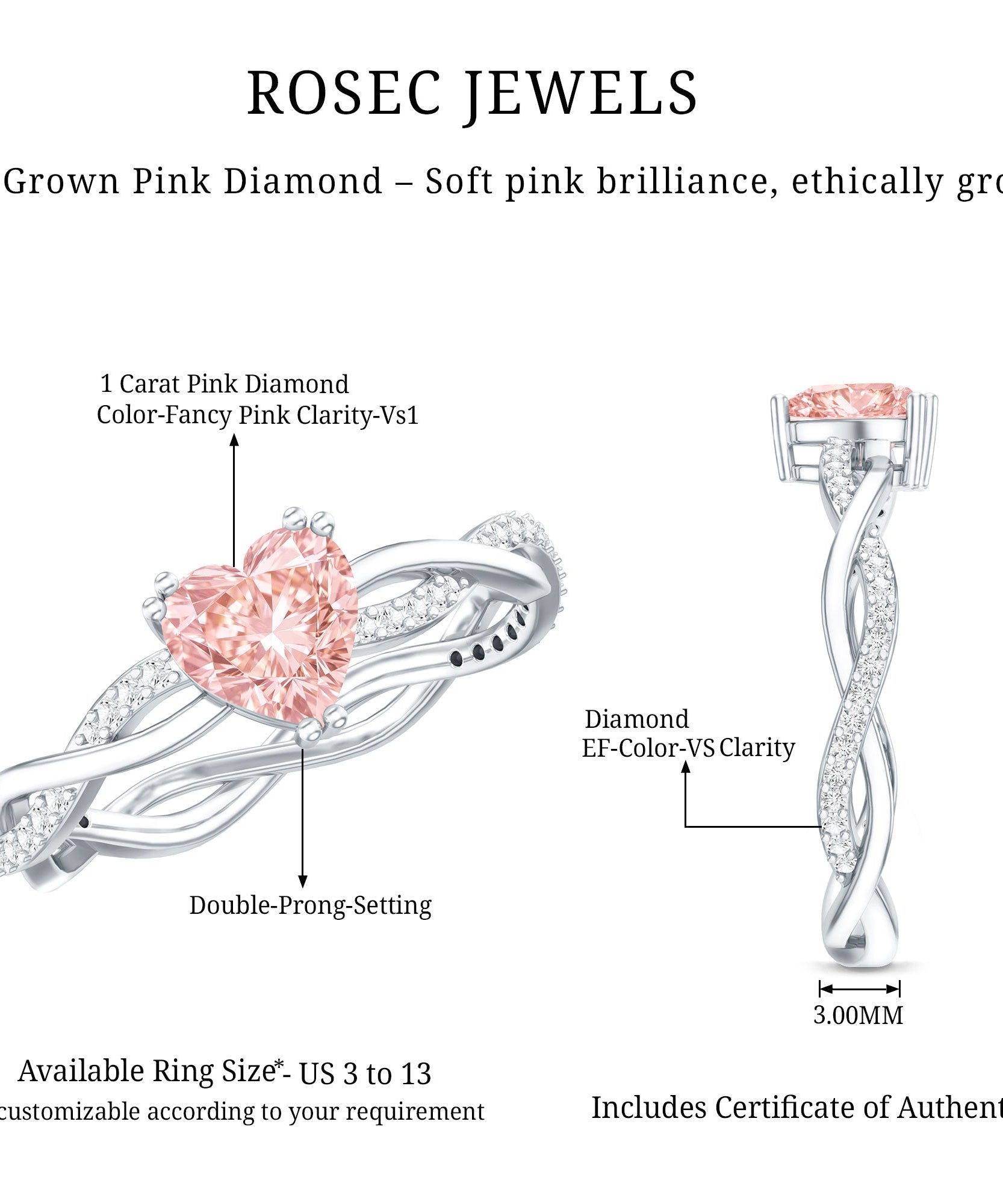 1 CT IGI Certified Lab Grown Pink Diamond Heart Engagement Ring with Crossover Shank
