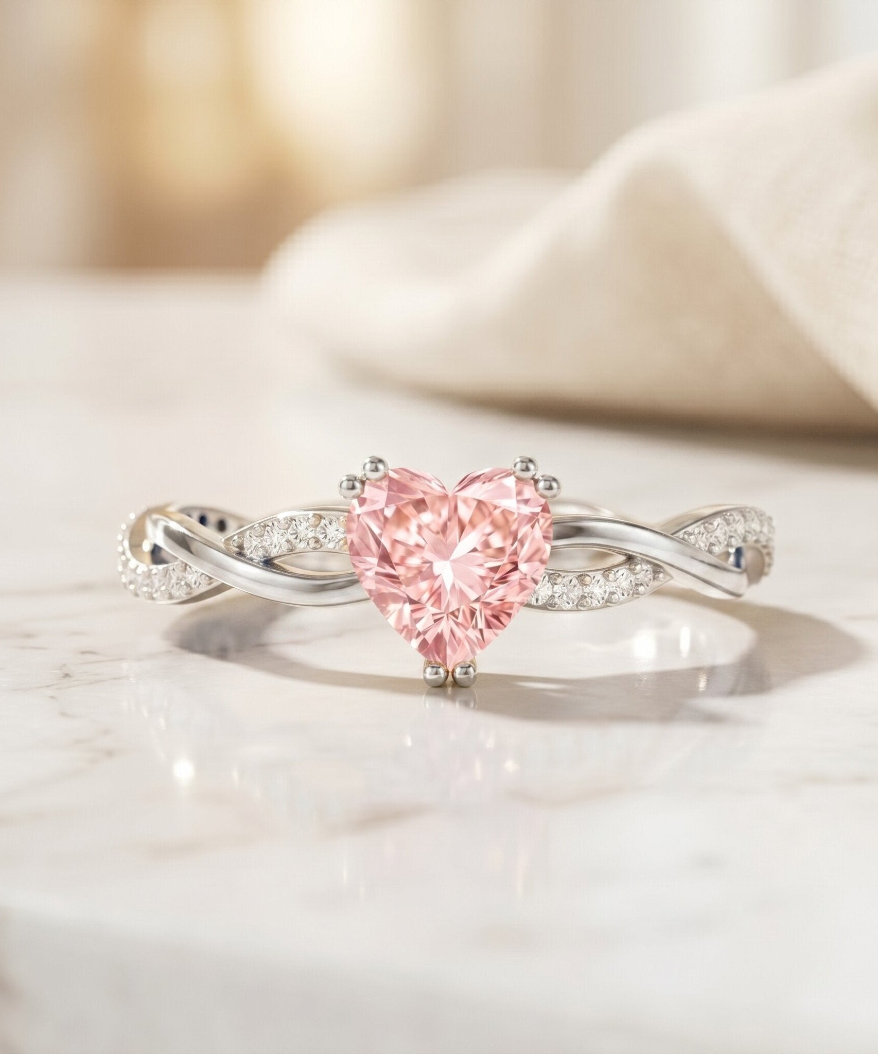 1 CT IGI Certified Lab Grown Pink Diamond Heart Engagement Ring with Crossover Shank