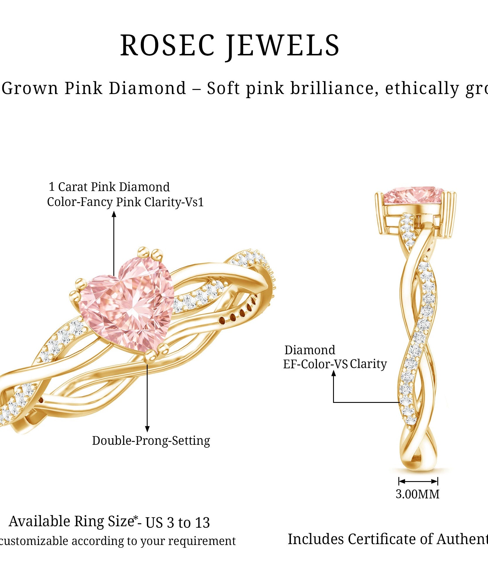 1 CT IGI Certified Lab Grown Pink Diamond Heart Engagement Ring with Crossover Shank