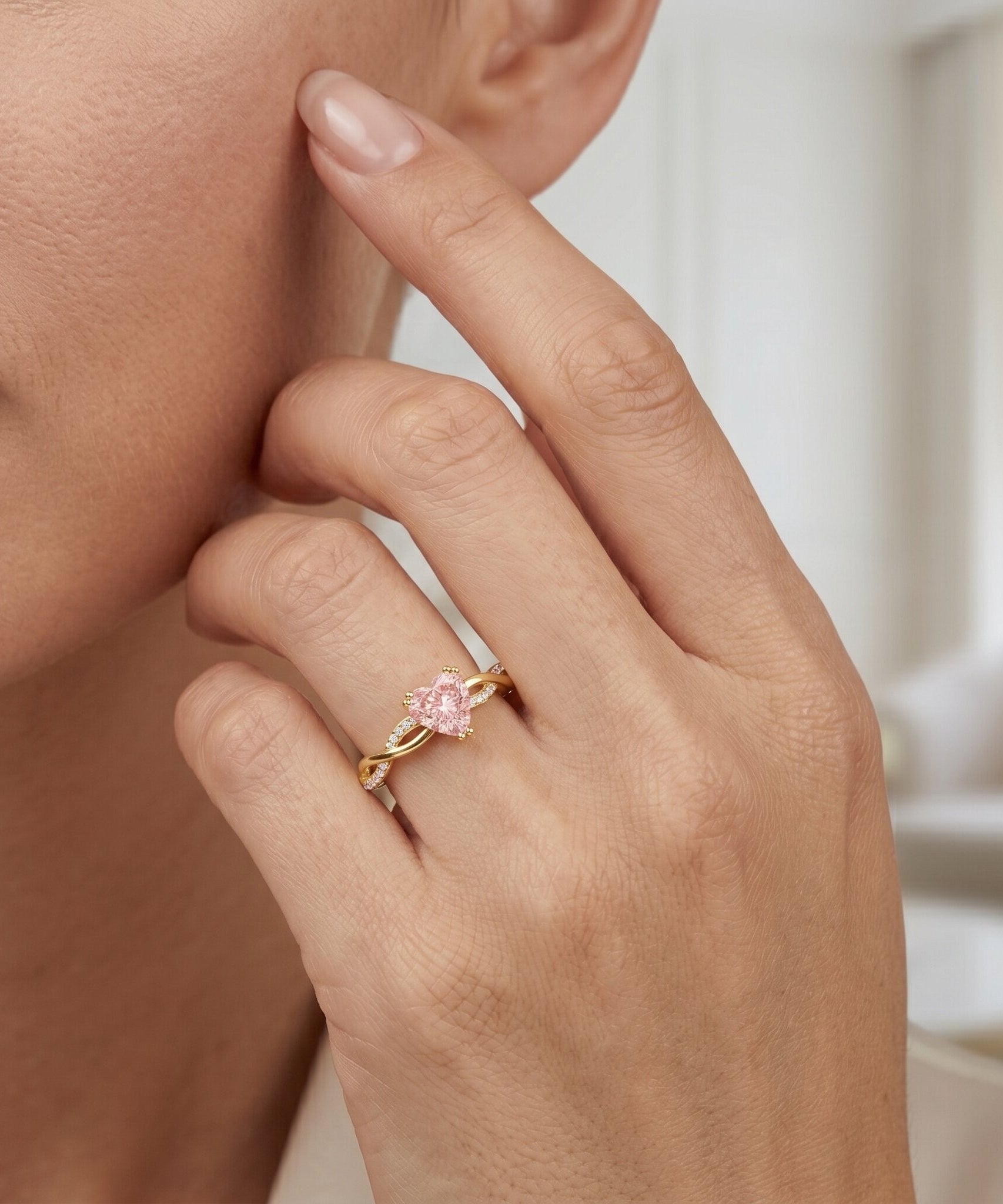 1 CT IGI Certified Lab Grown Pink Diamond Heart Engagement Ring with Crossover Shank