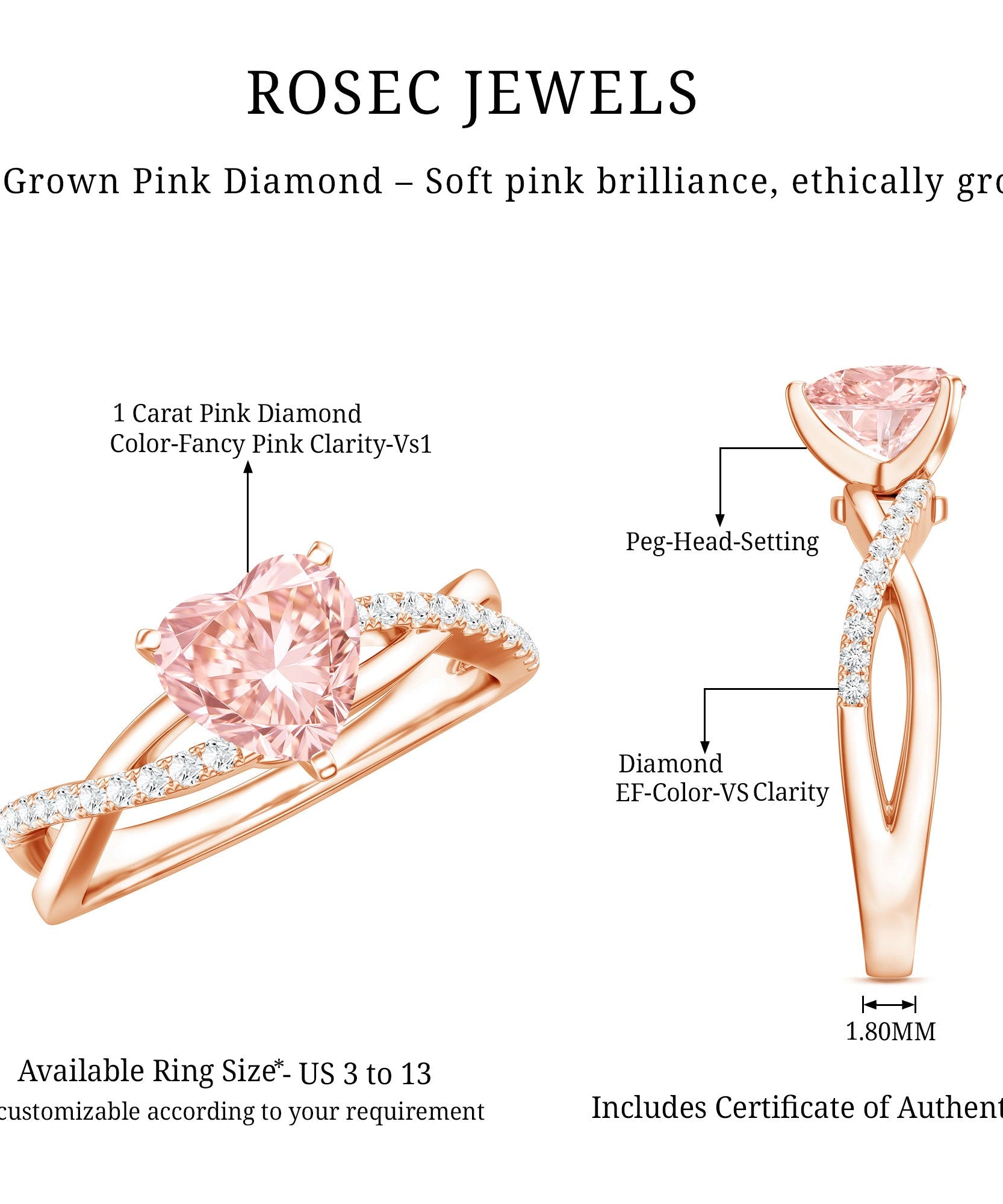 IGI Certified 1 CT Solitaire Lab Grown Pink Diamond Heart Engagement Ring