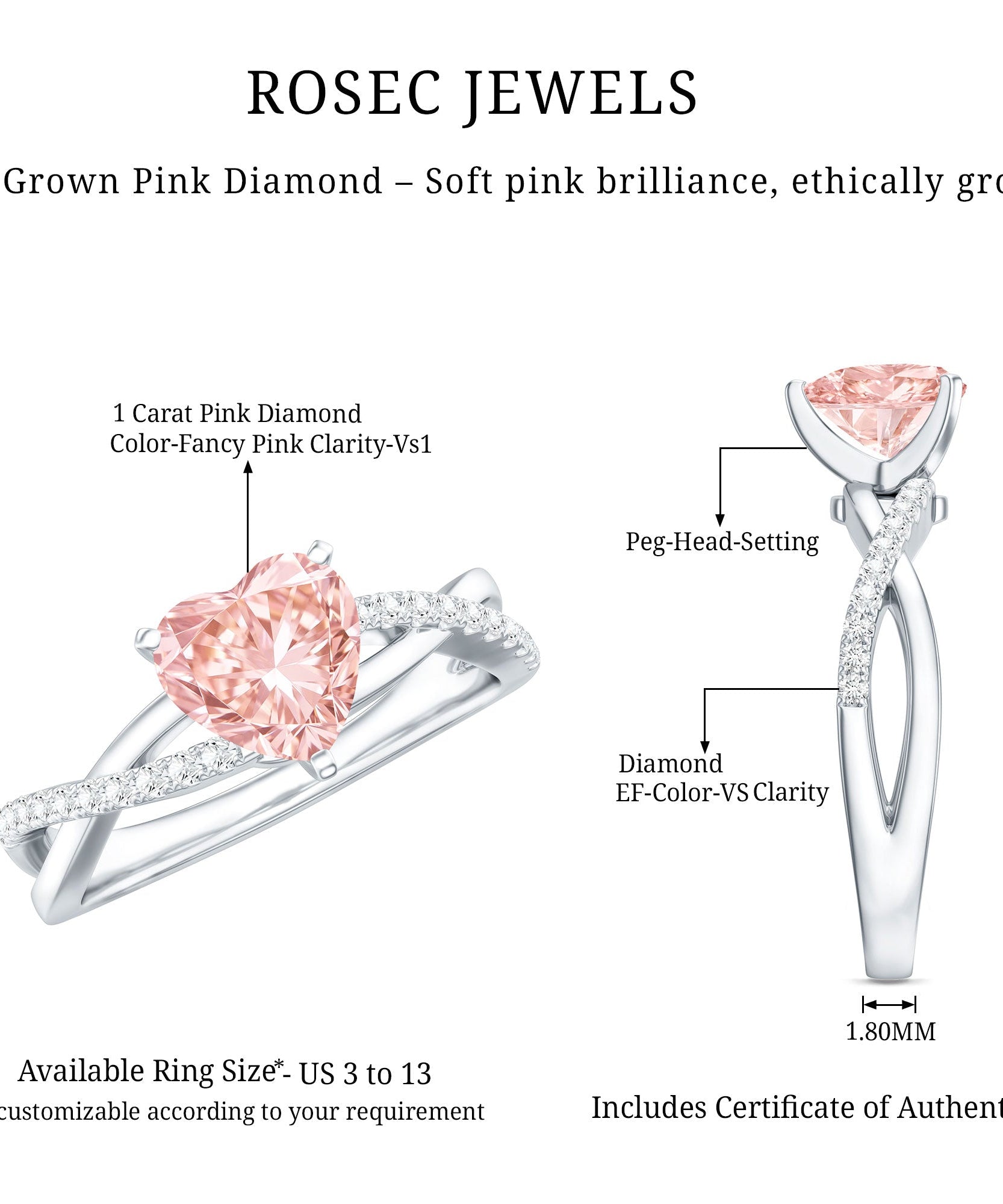 IGI Certified 1 CT Solitaire Lab Grown Pink Diamond Heart Engagement Ring